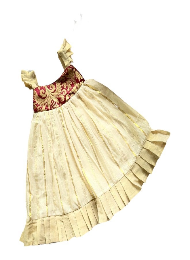 Picksparrow Newborn Baby Girl Tradional Kasavu Dress With Banaarsi Silk Midi Fit And Flare Yoke (Ruffles-Stripes) (0-6 Months, Maroon) - Image 1