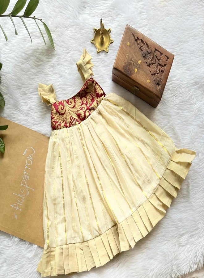 Picksparrow Newborn Baby Girl Tradional Kasavu Dress With Banaarsi Silk Midi Fit And Flare Yoke (Ruffles-Stripes) (0-6 Months, Maroon) - Image 2