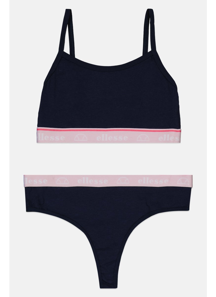 Ellesse Women 2 Pcs Brand Logo Bralette And Thong Set, Navy  - Image 1