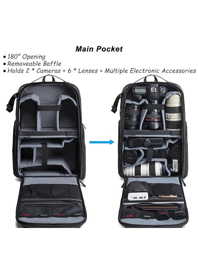 Arctic Hunter Camera Backpack Professional Camera Bag Customizable Shockproof Camera Lens Pockets Tripod Drone Holder Laptop Pocket Photography Travel DSLR Accessories Bag for Men and Women, Black - Image 2
