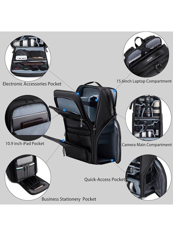 Arctic Hunter Camera Backpack Professional Camera Bag Customizable Shockproof Camera Lens Pockets Tripod Drone Holder Laptop Pocket Photography Travel DSLR Accessories Bag for Men and Women, Black - Image 3