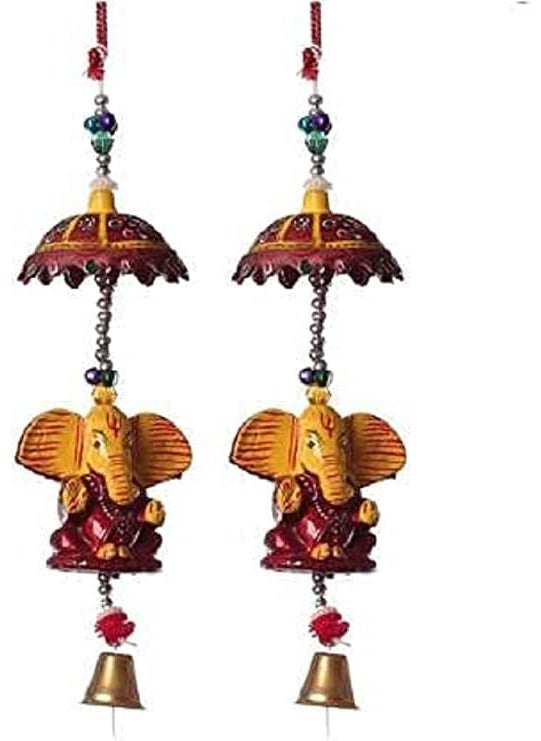 ADITYA IMPEX ADITYA IMPEX Handicraft rajasthane Colored Bells Desing Decorative showpice Wind Chimes for Home Balcony Garden Positive Energy Home Decor Hanging Long Bells Umbrella Ganesh Set of 2 Piece Red  - Image 1