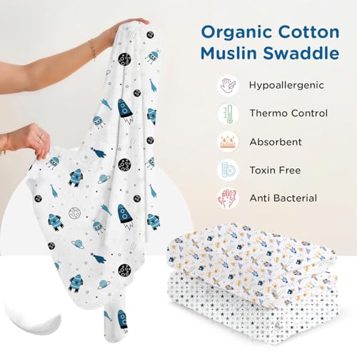 Mee Mee 100% Muslin Cotton Baby Swaddle Wrappers Set (PK-3)| Baby Towel| Soft, Quick-Drying & Highly Absorbent Blanket | Printed Mulmul Swaddle Cloth,Newborn Essentials (Multicolour, 120x100 cm) - Image 3