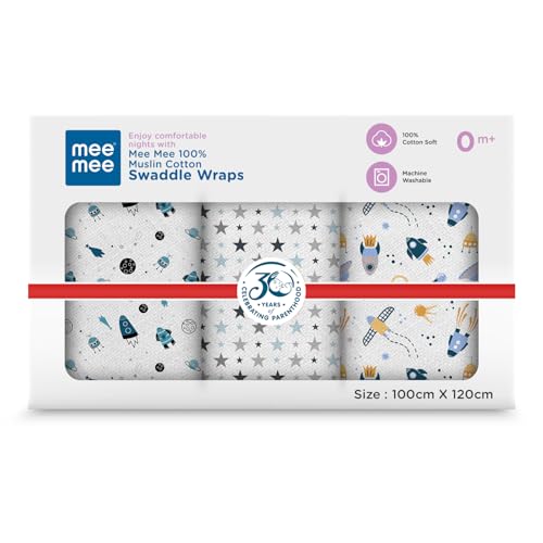 Mee Mee 100% Muslin Cotton Baby Swaddle Wrappers Set (PK-3)| Baby Towel| Soft, Quick-Drying & Highly Absorbent Blanket | Printed Mulmul Swaddle Cloth,Newborn Essentials (Multicolour, 120x100 cm) - Image 1