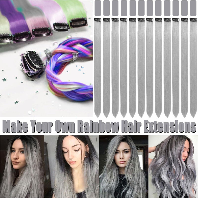 Olldag 12 PCS Grey Hair Extensions Clip in, 22 Inch Colored Hair Extensions Party Highlights Long Straight Synthetic Hairpieces for Women Cosplay - Image 2