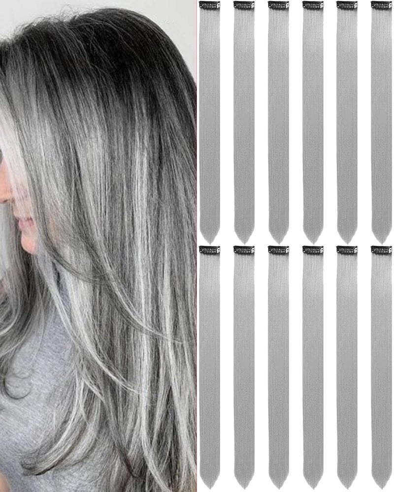 Olldag 12 PCS Grey Hair Extensions Clip in, 22 Inch Colored Hair Extensions Party Highlights Long Straight Synthetic Hairpieces for Women Cosplay - Image 1