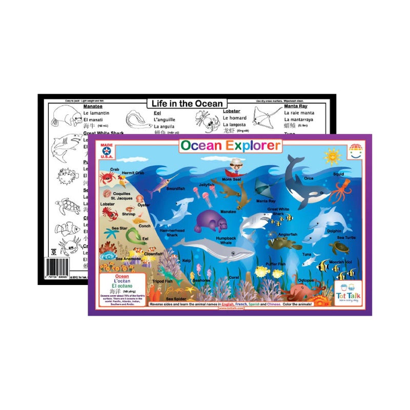 Learn Sea Creatures Names in English Spanish Chinese French Ocean Kids Educational Placemat Made in USA Color in Animals on Reverse Side Waterproof Washable By Tot Talk 115 x 175