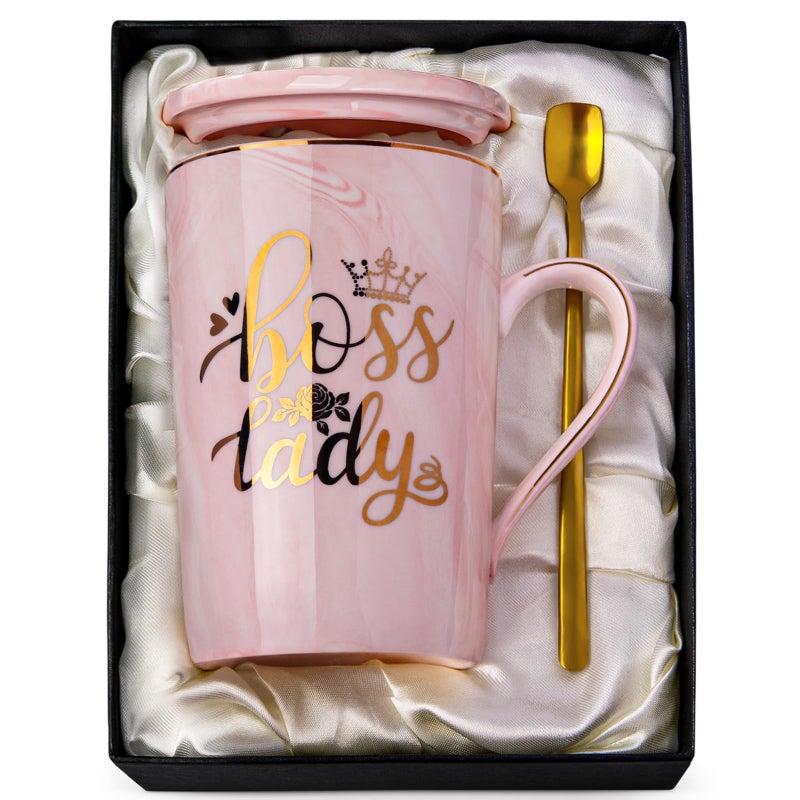 Doublewhale Boss Lady Gifts Best Boss Birthday Gifts Mug for Women  14oz Pink Marble Ceramic Coffee Cup with Spoon Lid Card  Gift for Friend Sister Women with Nice Box