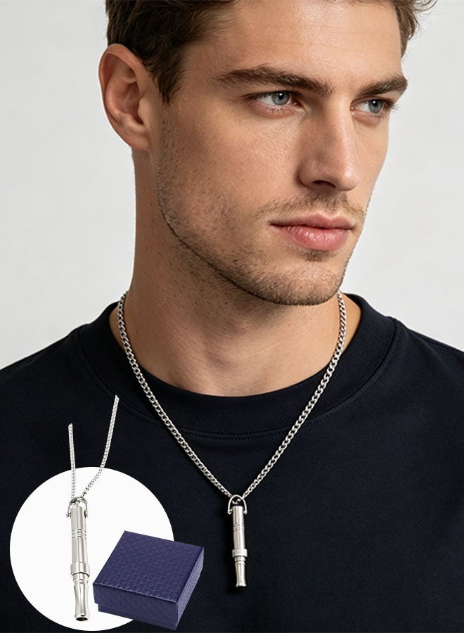 Happy D Stainless Steel Necklace For Men | Whistle Pendant Design | The Whistle Sound Can Serve As An Auxiliary Means Of Safety Guarantee | Allergen-proof And Durable | Eid Gift / Daily Wear (60cm, Steel Color) - Image 1