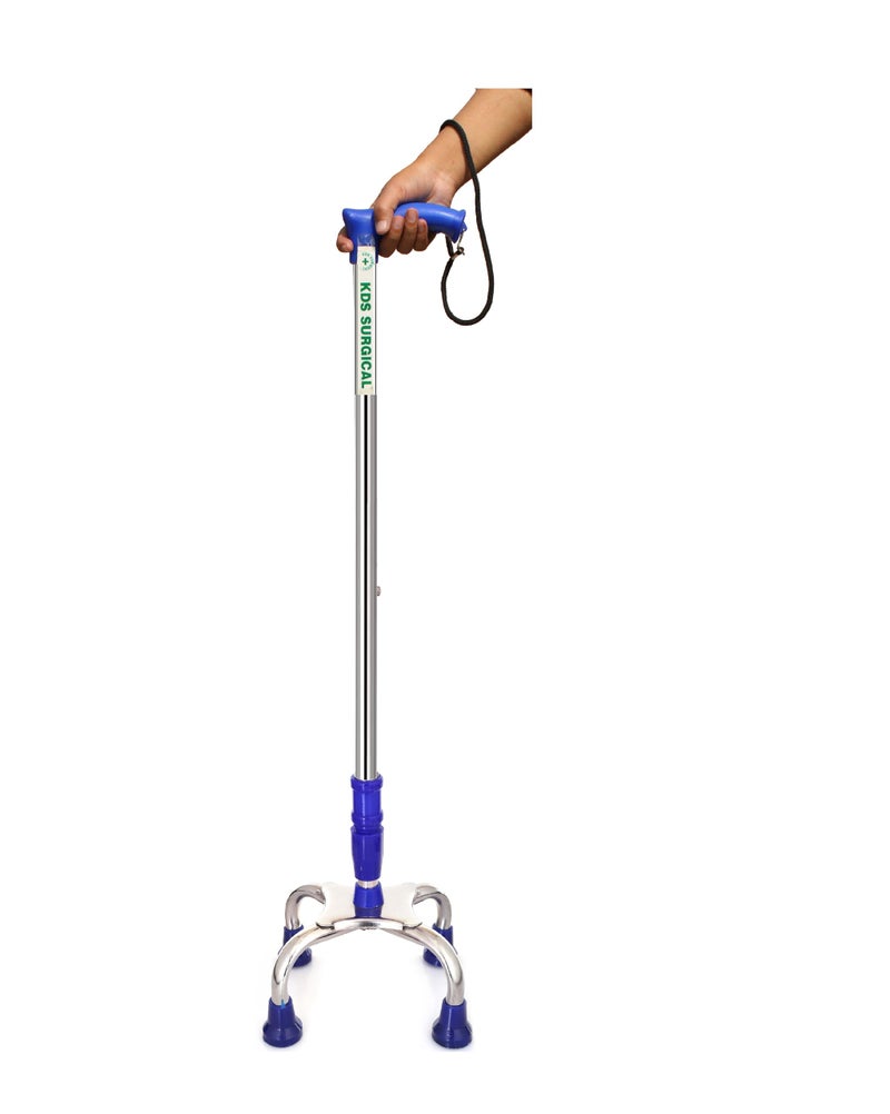 kds surgical 4 Leg Chrome Blue Height Adjustable Men/Women/Old People Patient Walking Stick - Dori - Image 1