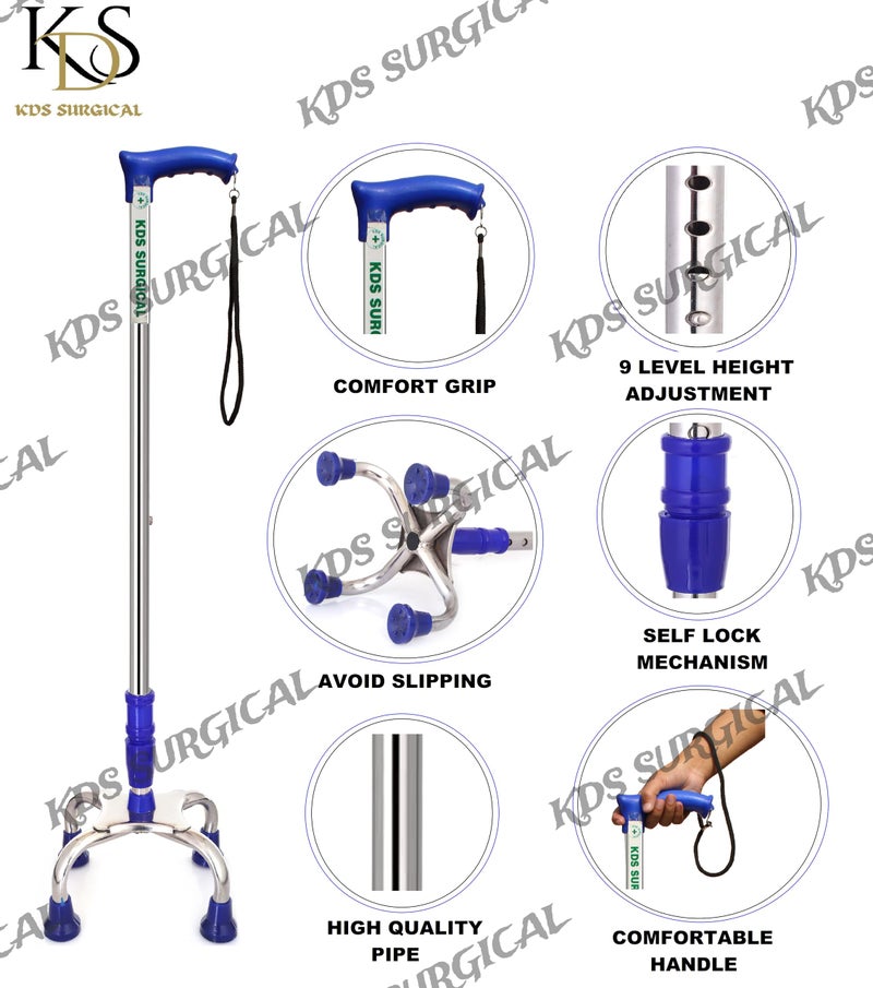 kds surgical 4 Leg Chrome Blue Height Adjustable Men/Women/Old People Patient Walking Stick - Dori - Image 3