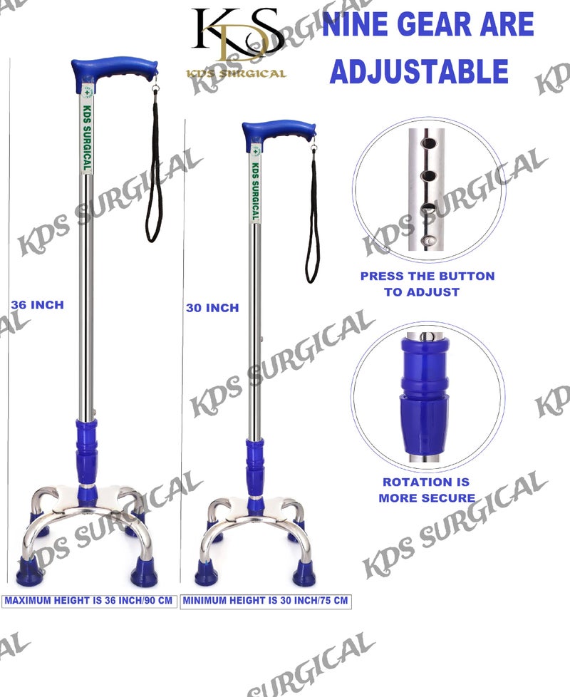 kds surgical 4 Leg Chrome Blue Height Adjustable Men/Women/Old People Patient Walking Stick - Dori - Image 4