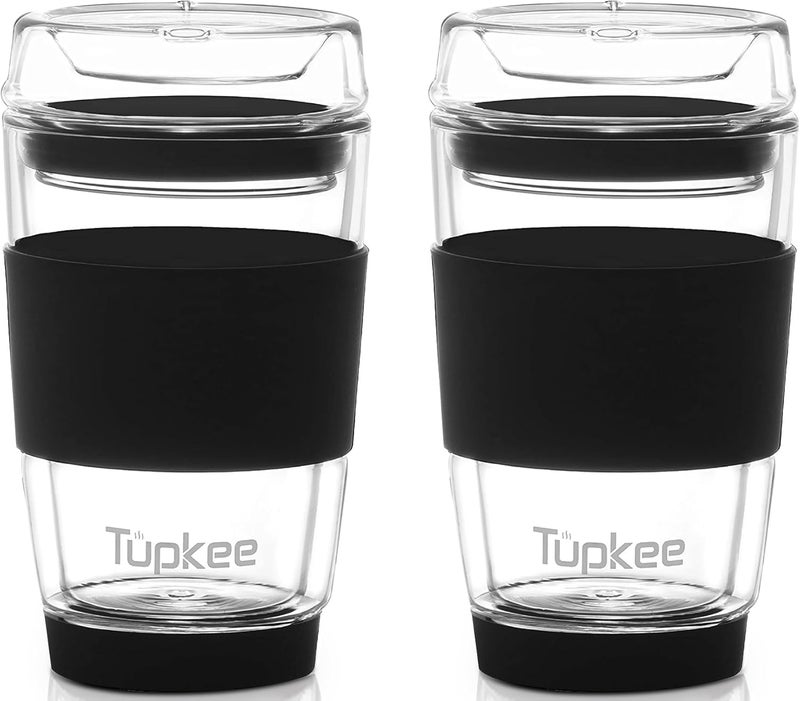 Tupkee كوب زجاجي مزدوج الجدار بالكامل - 8 أونصات، كوب شاي/قهوة معزول قابل لإعادة الاستخدام وغطاء، كوب سفر زجاجي منفوخ يدويًا - أسود - عبوة من 2 - Image 1