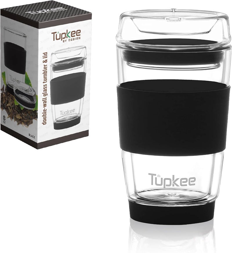 Tupkee كوب زجاجي مزدوج الجدار بالكامل - 8 أونصات، كوب شاي/قهوة معزول قابل لإعادة الاستخدام وغطاء، كوب سفر زجاجي منفوخ يدويًا - أسود - عبوة من 2 - Image 2