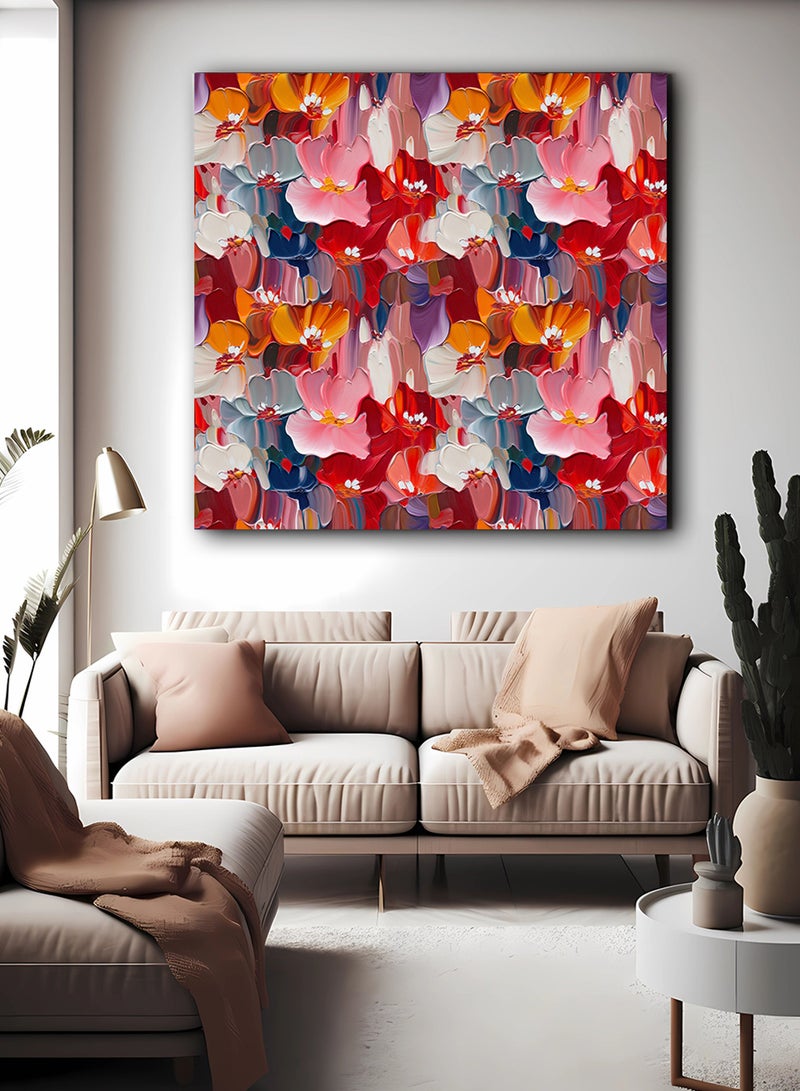 LOWHA Square Canvas Wall Art Stretched Over Wooden Frame with Colourful Flowers Abstract Painting - Image 1