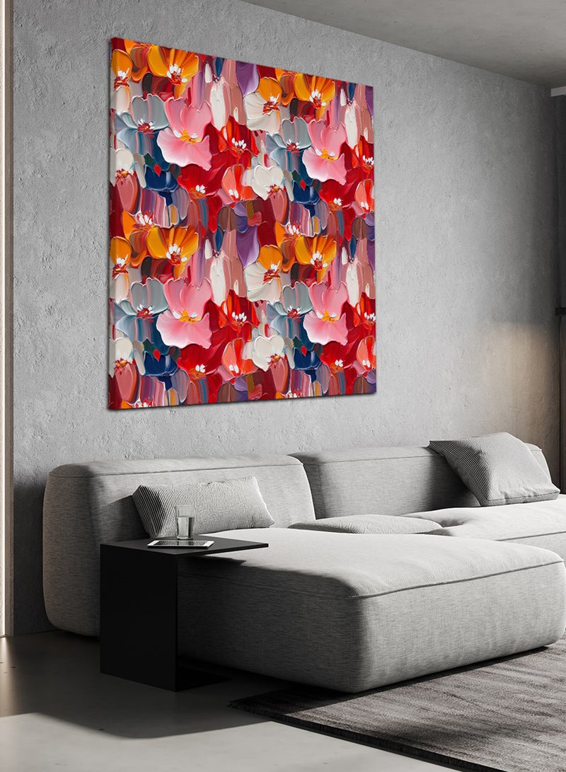 LOWHA Square Canvas Wall Art Stretched Over Wooden Frame with Colourful Flowers Abstract Painting - Image 2