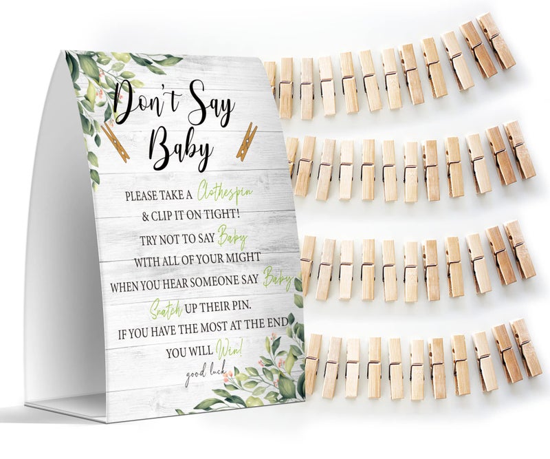 Pazag Don't Say Baby Set - One 5x7 Sign and 50 Mini Clothespins, Baby Shower Games, Baby Shower Decoration, Gender Neutral Baby Shower - MsJb034 - Image 1