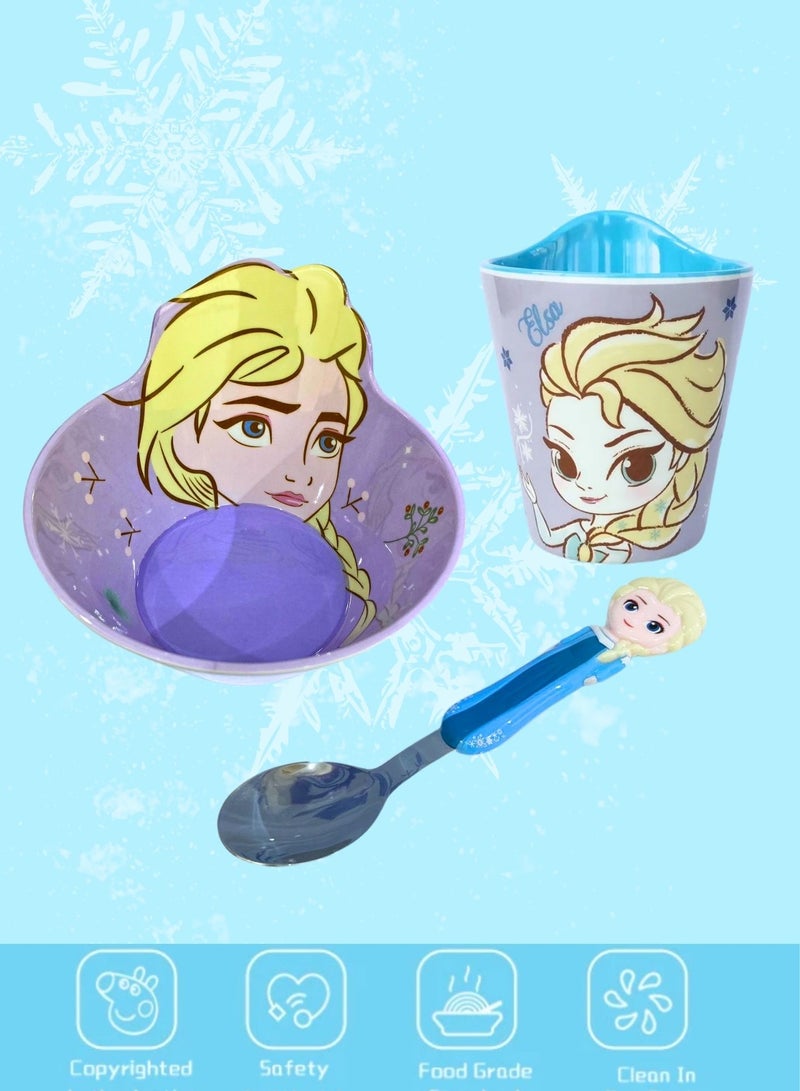 Disney طقم أدوات تناول الطعام للأطفال 3 قطع من الميلامين مع وعاء ثلاثي الأبعاد، أكواب وملعقة للأطفال من عمر 2+ (إلسا؟) - Image 1