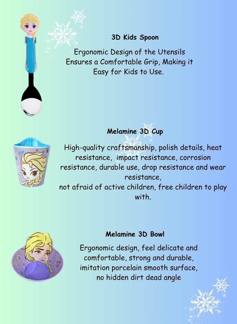 Disney طقم أدوات تناول الطعام للأطفال 3 قطع من الميلامين مع وعاء ثلاثي الأبعاد، أكواب وملعقة للأطفال من عمر 2+ (إلسا؟) - Image 5