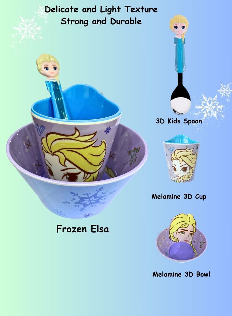 Disney طقم أدوات تناول الطعام للأطفال 3 قطع من الميلامين مع وعاء ثلاثي الأبعاد، أكواب وملعقة للأطفال من عمر 2+ (إلسا؟) - Image 2