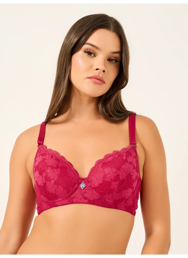 ستايلي Styli Floral Lace Padded Wired Full Cup Bra with Metal Trim