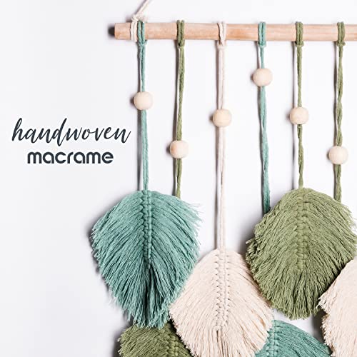 SnugLife Macrame Wall Hanging Leaves - Large Chic Feather Boho Decor, Handmade Yarn Woven Art Leaf Tapestry for Nursery, Bedroom, Living Room, 17 X 22 Inch (Green, Sage Green & Beige) - Image 2