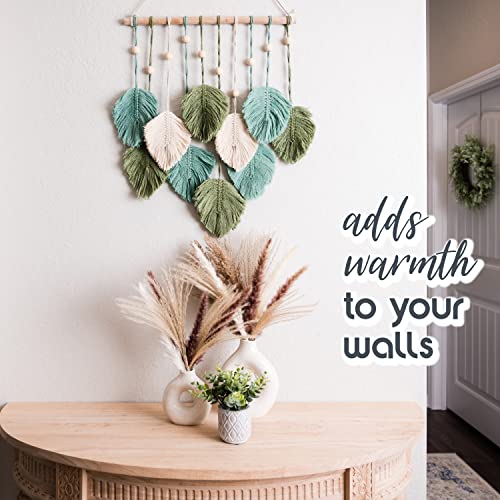 SnugLife Macrame Wall Hanging Leaves - Large Chic Feather Boho Decor, Handmade Yarn Woven Art Leaf Tapestry for Nursery, Bedroom, Living Room, 17 X 22 Inch (Green, Sage Green & Beige) - Image 5