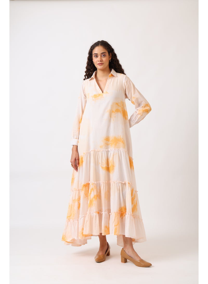 نور فستان ماكسي نسائي بطبقات وطبعة خوخ - Image 1