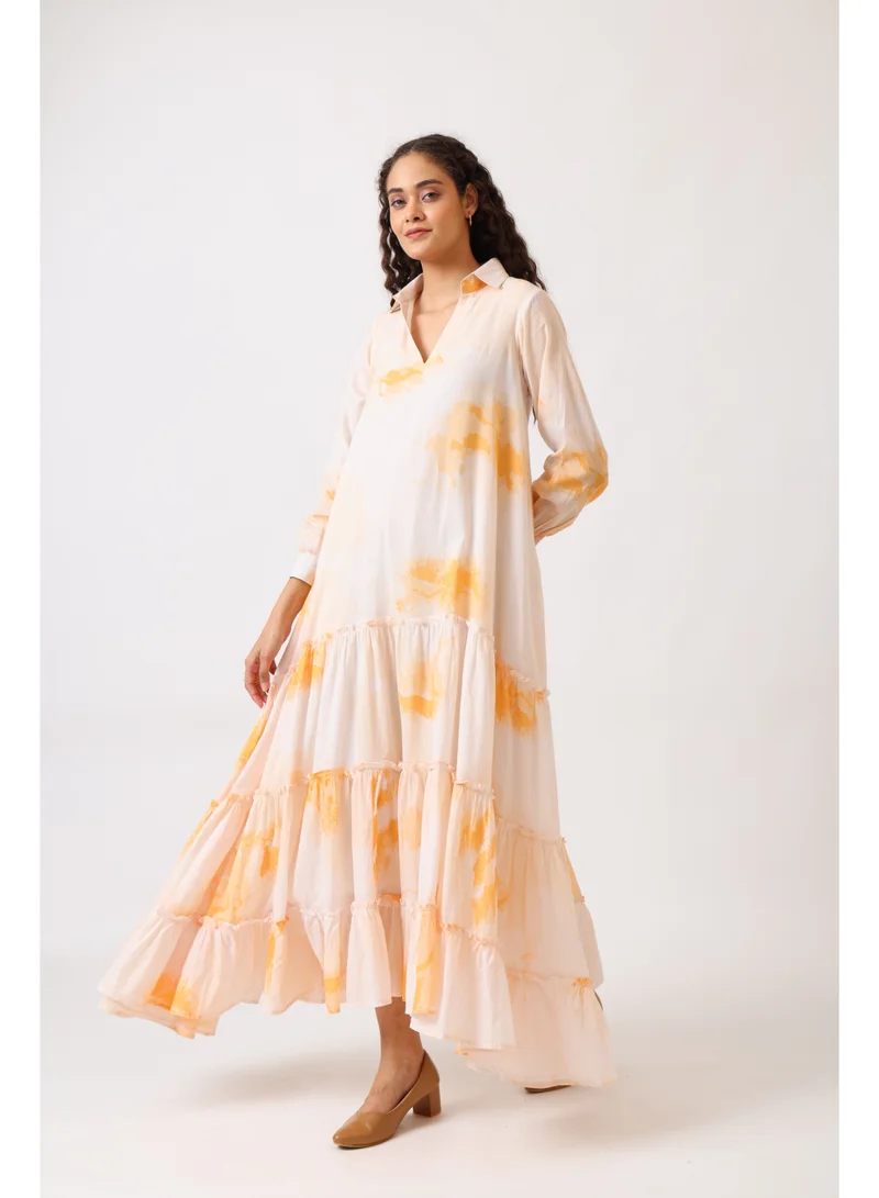 نور فستان ماكسي نسائي بطبقات وطبعة خوخ