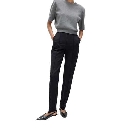 Marks & Spencer Solid Black Viscose Womens Jersey Twill Straight Leg Trousers - Image 1