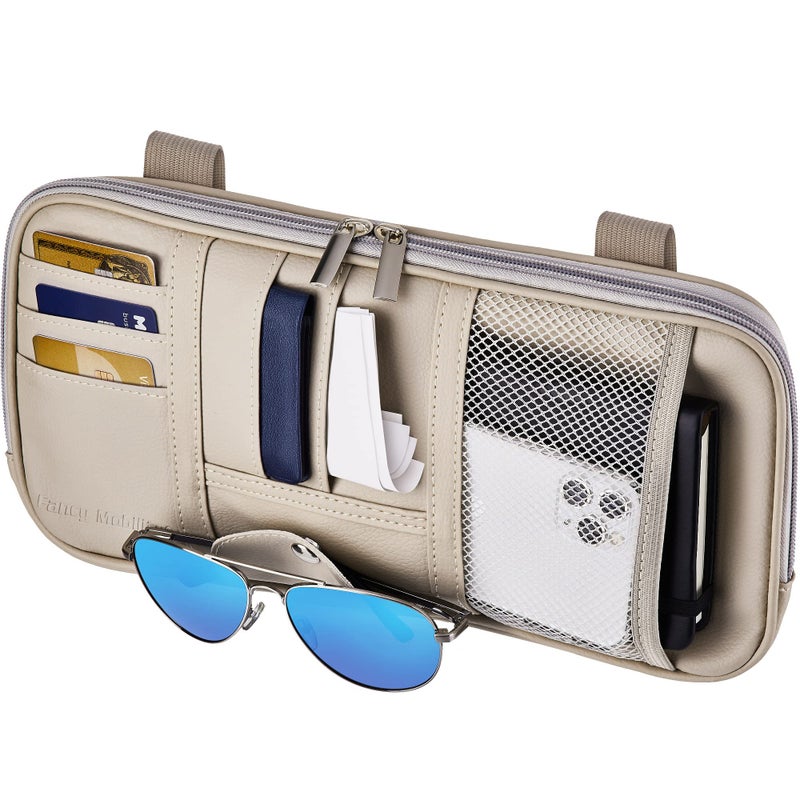 Fancy Mobility Car Sun Visor Organizer - Car, SUV & Truck Interior Accessories - Magnetic Closure for Glasses Holder and Full Length Horizontal Pockets - Allows Safe Driving, 12.2 x 6.1 in, Beige