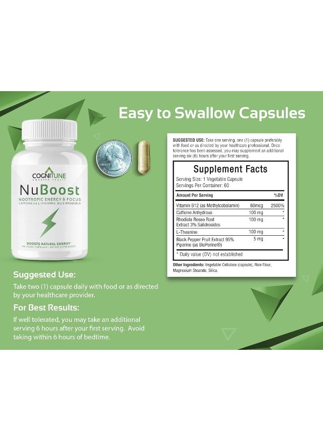 CogniTune مكمل الطاقة والتركيز - كافيين L-ثيانين، فيتامين B12، روديولا + بيوبيرين لامتصاص أفضل، بدون انهيار، خالي من الارتعاش 100 ملغ أقراص كافيين، معزز نظري نظيف للدماغ - Image 4