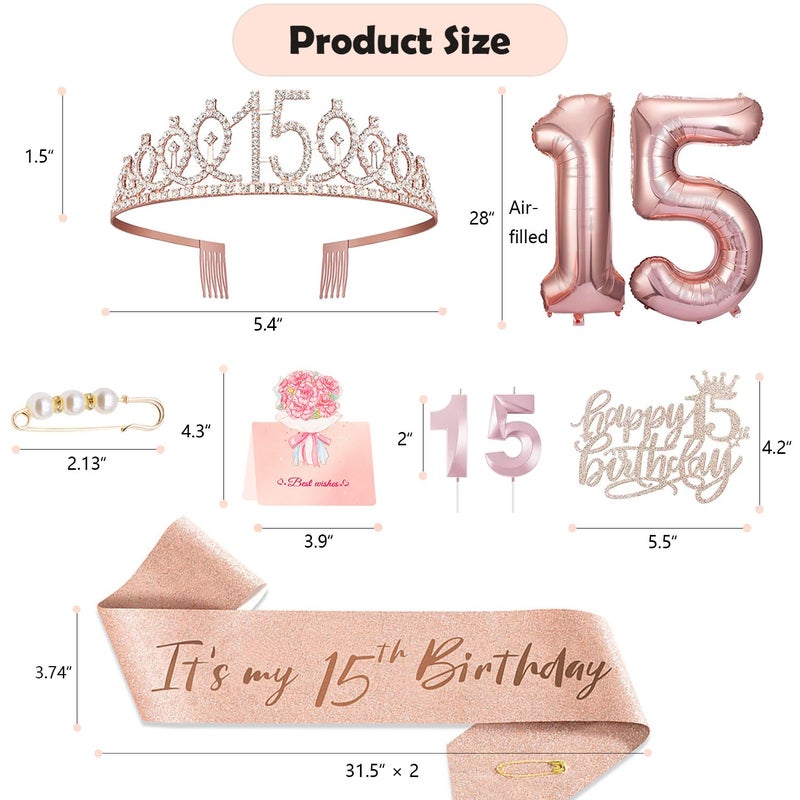 Awfrky 15th Birthday Decorations for Girls, 15th Birthday Sash and Crown, Cake Topper, Number Candles and Balloons, 15 Year Old Gifts for Girls - Image 2
