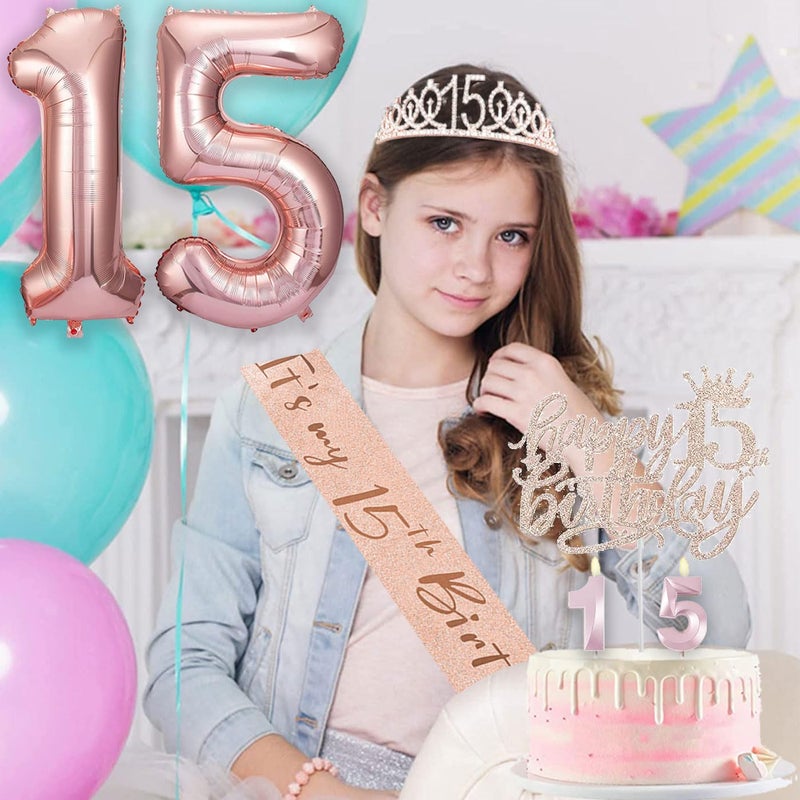 Awfrky 15th Birthday Decorations for Girls, 15th Birthday Sash and Crown, Cake Topper, Number Candles and Balloons, 15 Year Old Gifts for Girls - Image 3