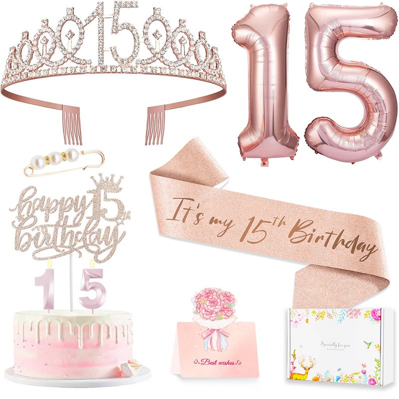 Awfrky 15th Birthday Decorations for Girls, 15th Birthday Sash and Crown, Cake Topper, Number Candles and Balloons, 15 Year Old Gifts for Girls - Image 1