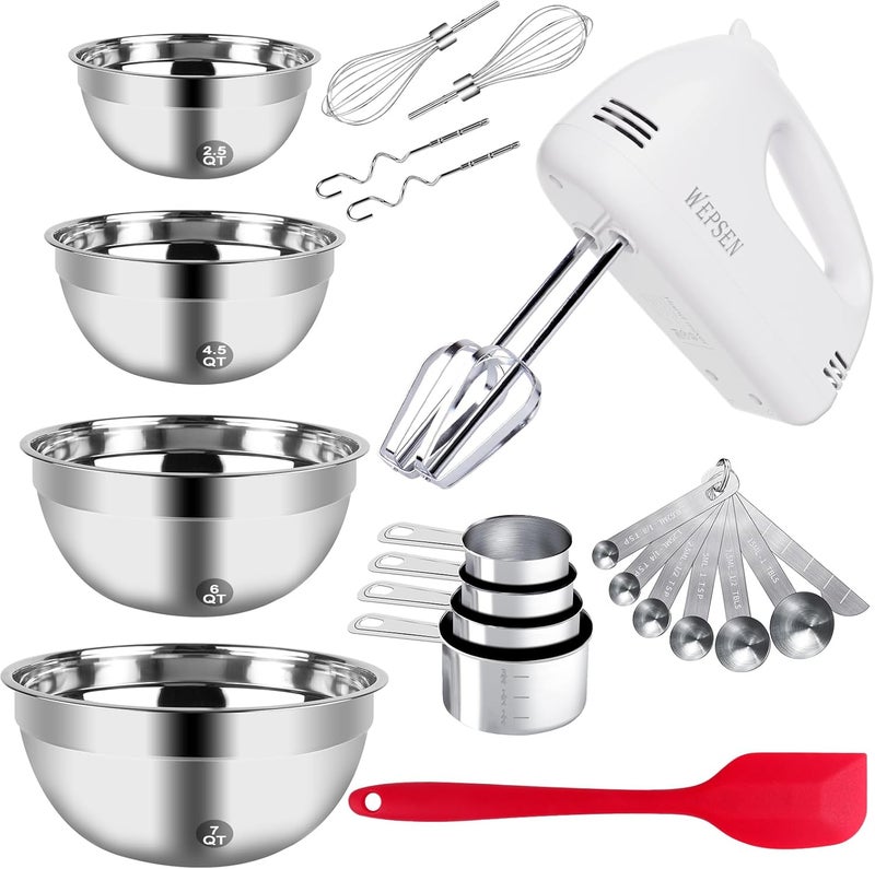 WEPSEN 5-Speed Electric Hand Mixer, 4 Large Mixing Bowls Set, Handheld Mixers with Whisks Beater, Stainless Steel Metal Nesting Bowl Measuring Cups Spoons Kitchen Cake Blender for Baking Supplies - Image 1