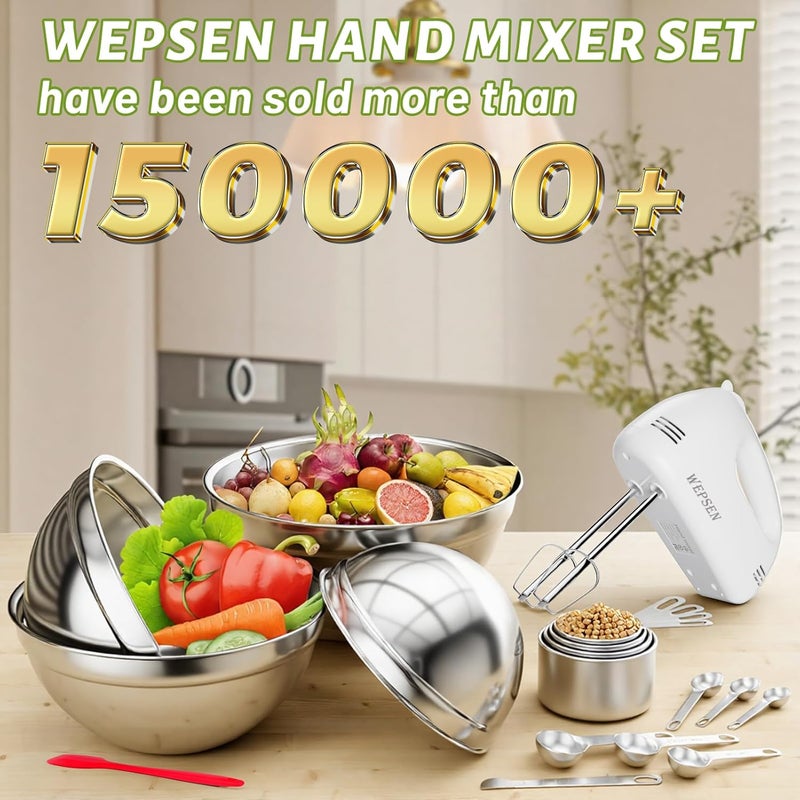 WEPSEN 5-Speed Electric Hand Mixer, 4 Large Mixing Bowls Set, Handheld Mixers with Whisks Beater, Stainless Steel Metal Nesting Bowl Measuring Cups Spoons Kitchen Cake Blender for Baking Supplies - Image 2