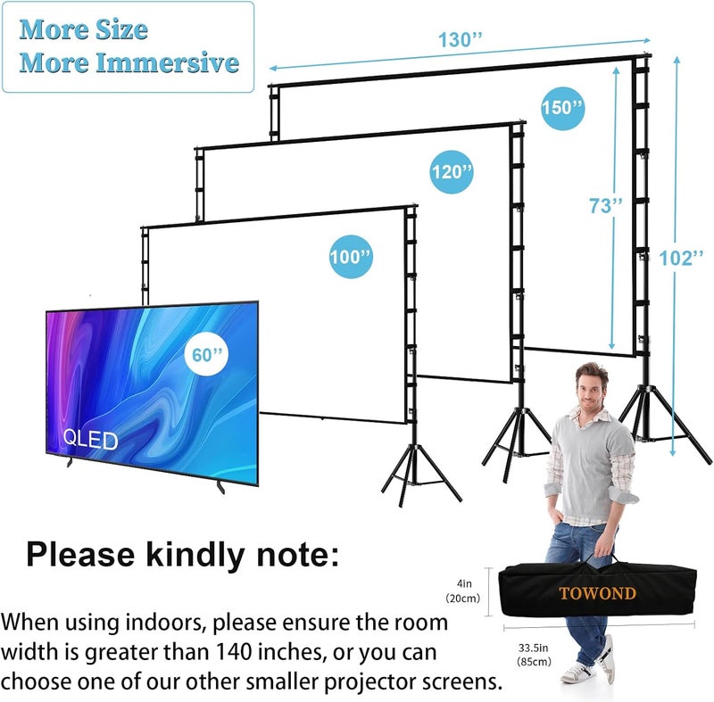 TOWOND Projector Screen and Stand, 150 inch Indoor Outdoor Projection Screen, Portable 16:9 4K HD Rear Front Movie Screen Pull Down with Carry Bag Wrinkle-Free Design for Home Theater Backyard Cinema - Image 3