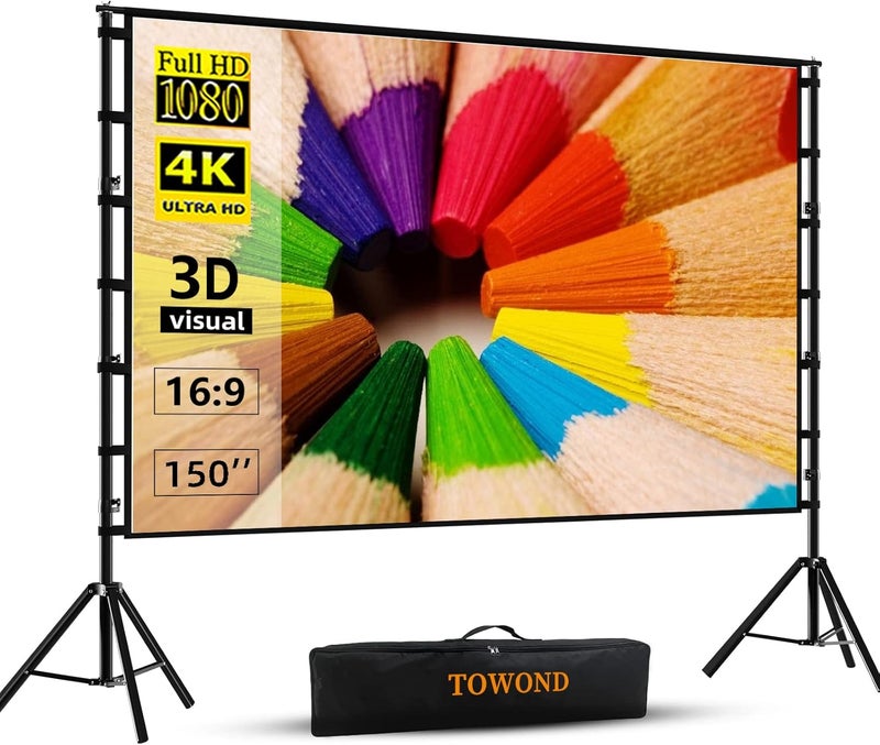 TOWOND Projector Screen and Stand, 150 inch Indoor Outdoor Projection Screen, Portable 16:9 4K HD Rear Front Movie Screen Pull Down with Carry Bag Wrinkle-Free Design for Home Theater Backyard Cinema - Image 1