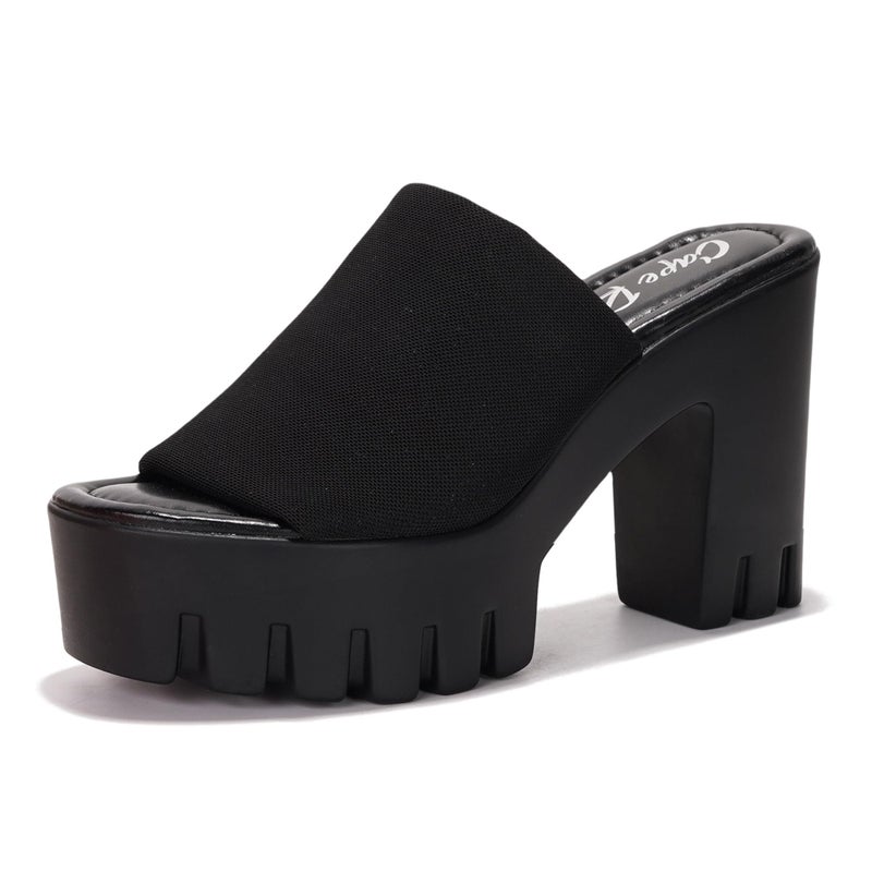 Cape Robbin Women's Chunky Platform Sandals Block Heel - Slip On Elastic Band Dressy Shoes Round Toe Comfort Soles (Echoya) - Black Size 10 - Image 1