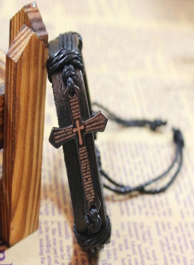 AZYOUNG Making Up Black Leather Brown Braided Rope Bracelet Alloy Cross (Black) - Image 5