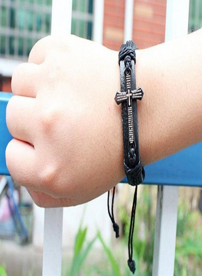 AZYOUNG Making Up Black Leather Brown Braided Rope Bracelet Alloy Cross (Black) - Image 3