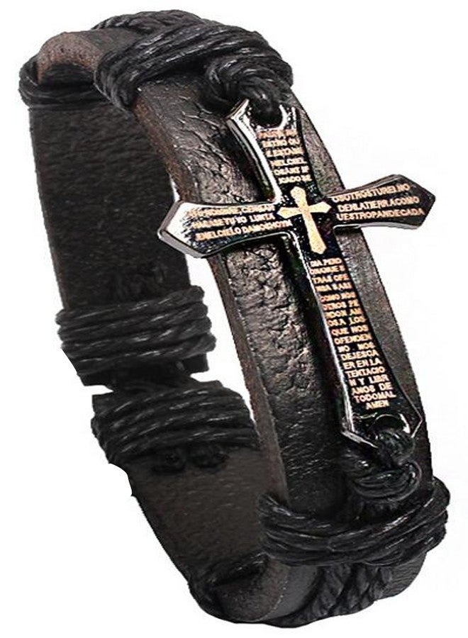 AZYOUNG Making Up Black Leather Brown Braided Rope Bracelet Alloy Cross (Black) - Image 1