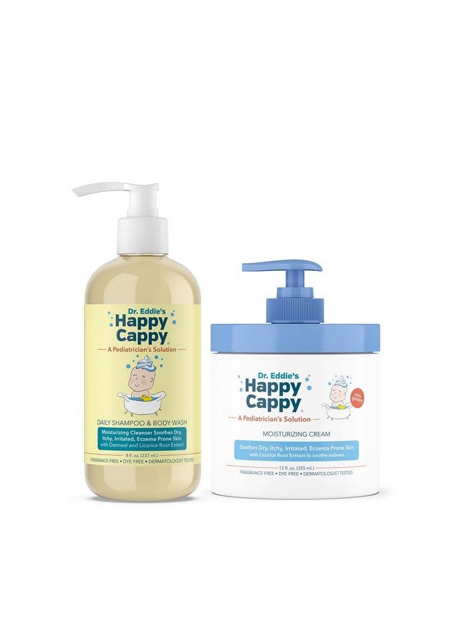 Happy Cappy حزمة شامبو وغسول جسم وكريم مرطب هابي كابي للأطفال - غسول جسم للأكزيما وكريم للأطفال، toddlers، البالغين، يساعد في الجفاف، يقلل من الحكة، مختبر من قبل أطباء الجلد، خالي من العطور - Image 1