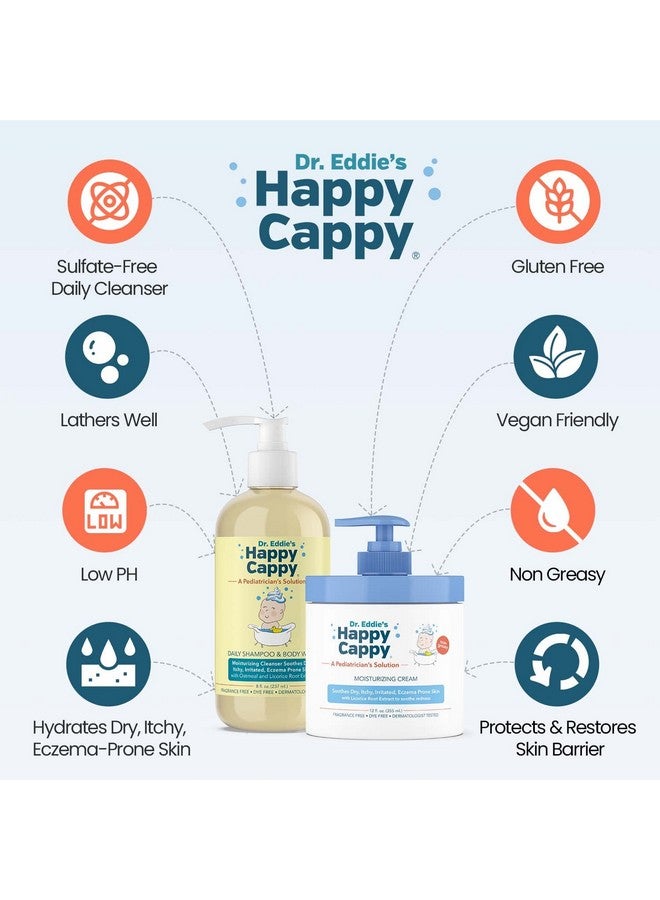 Happy Cappy حزمة شامبو وغسول جسم وكريم مرطب هابي كابي للأطفال - غسول جسم للأكزيما وكريم للأطفال، toddlers، البالغين، يساعد في الجفاف، يقلل من الحكة، مختبر من قبل أطباء الجلد، خالي من العطور - Image 2