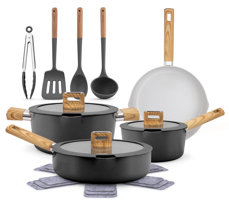 NutriChef 14-Piece Non-Stick Ceramic Cookware Set - Induction Safe Pots and Pans with Glass Lids, Cool-Touch Handles, Even Heat Distribution, Dishwasher Safe, Includes Ladle, Tong, Spatula (Black) - Image 1