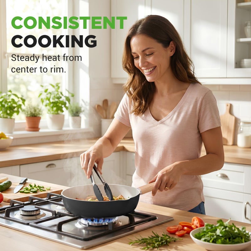 NutriChef 14-Piece Non-Stick Ceramic Cookware Set - Induction Safe Pots and Pans with Glass Lids, Cool-Touch Handles, Even Heat Distribution, Dishwasher Safe, Includes Ladle, Tong, Spatula (Black) - Image 4