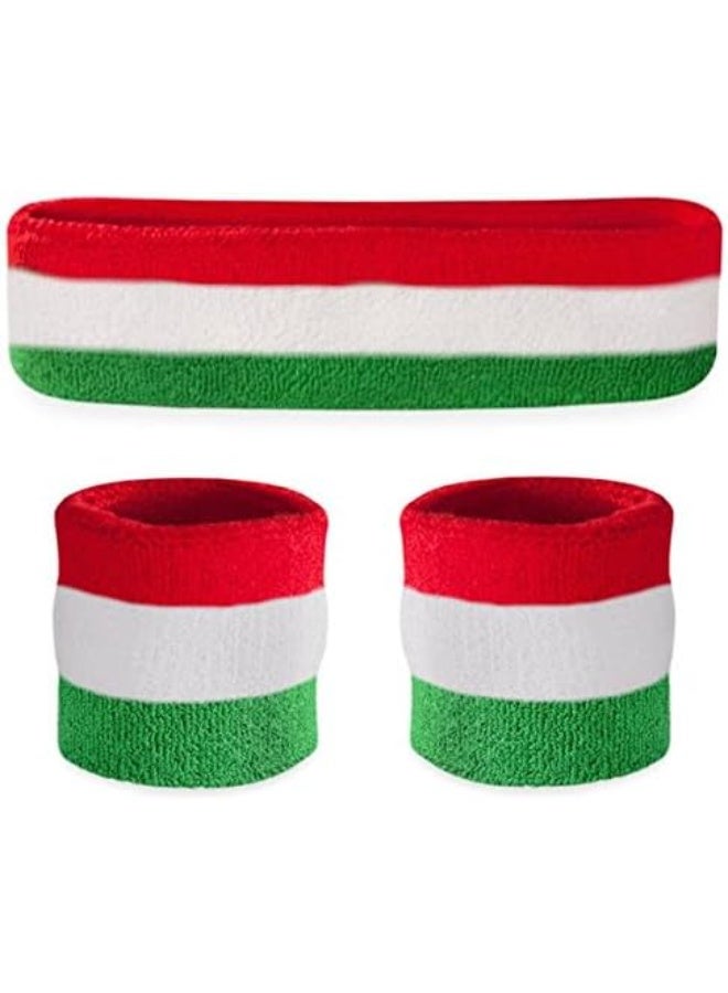 Suddora Striped Sweatband Set, Moisture Wicking 2 Wristbands and 1 Headband, Breathable Athletic Sweat Bands for Sports, Costumes & Cosplay, Matching Bands to Wear with Jersey, Red White Green - Image 1