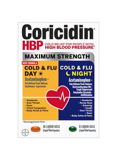 Coricidin HBP , Decongestant-Free Cold Symptom Relief for People with High Blood Pressure, Maximum Strength Cold & Flu Day + Night Liquid Gels, 24 Count  - Image 1