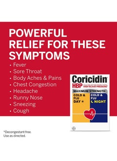 Coricidin HBP , Decongestant-Free Cold Symptom Relief for People with High Blood Pressure, Maximum Strength Cold & Flu Day + Night Liquid Gels, 24 Count  - Image 2
